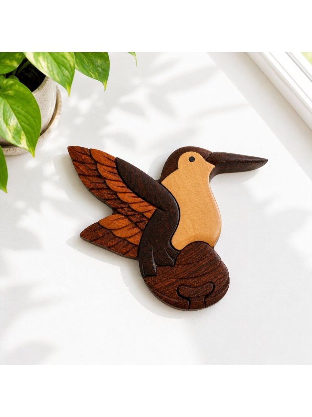 Handmade Wooden Hummingbird Shaped Puzzle Box With Intricate Detailing 6 Inches